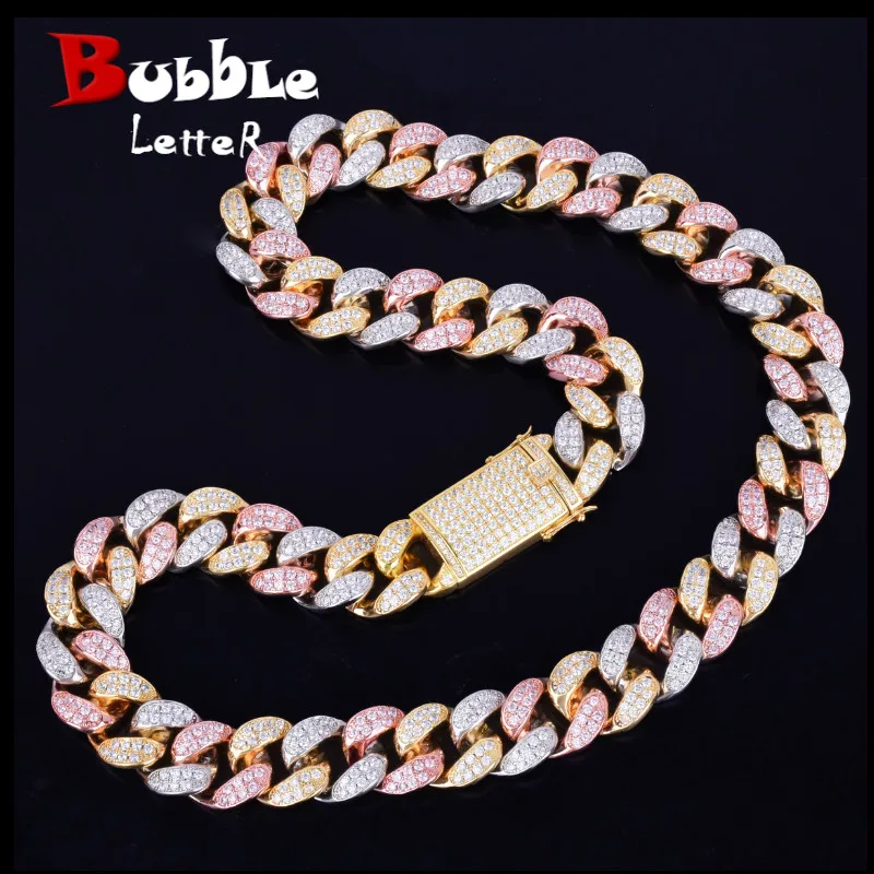 

20mm Heavy Gold Silver Rose Colorful Zircon Miami Cuban Necklace Choker Men's Hip hop Jewelry Big CUBAN Chain 16" 18" 20"