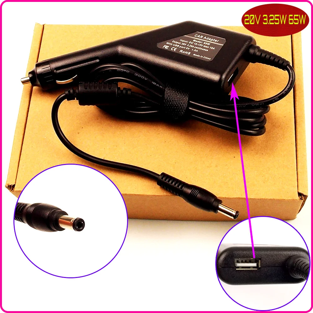 Laptop DC Power Car Adapter Charger 20V 3.25A + USB for Lenovo G360A