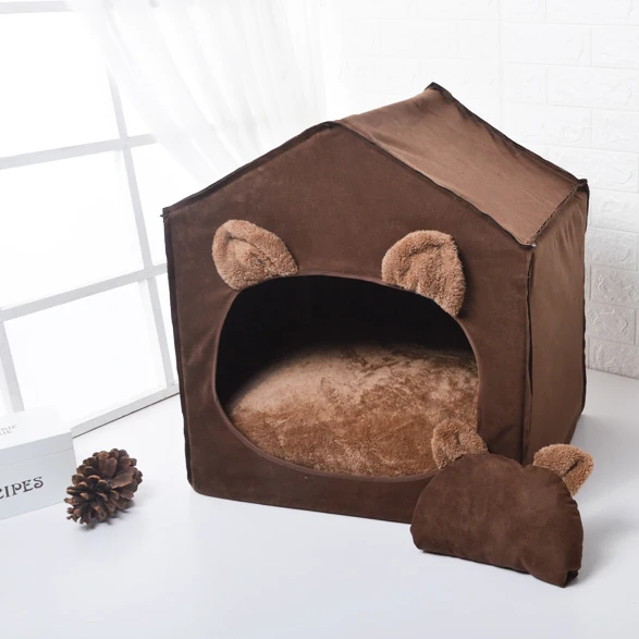 Fully enclosed pet room warm kennel coral velvet pet tent with non-slip bottom dog house overall washable kennel