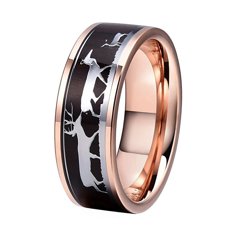 

8mm Mens Womens Rose Gold Tungsten Carbide Ring Deer Family Black wood Inlay Engagement ring Wedding Band Father's Mother's Gift
