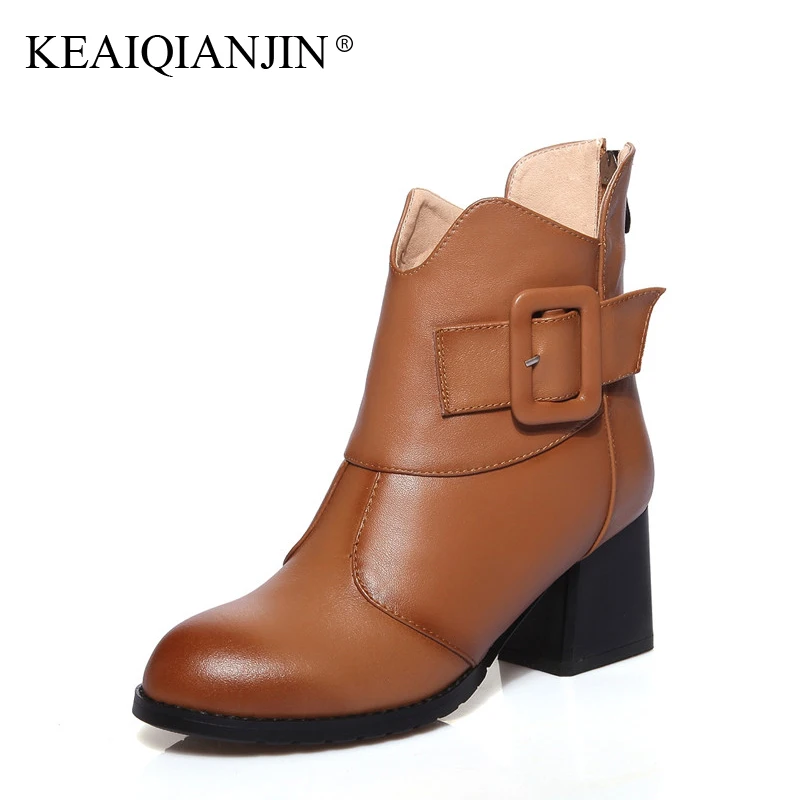 

KEAIQIANJIN Woman Genuine Leather Ankle Boots Buckle Autumn Winter Bottine Plus Size 33 - 44 Shoes Black Brown High Heels Boots