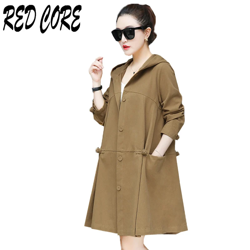 

REDCORE Autumn Trench Coat For Women Plus Size Cotton Casual Outwear Medium Long Ladies Loose Hooded Trench Coat Abrigos Mujer
