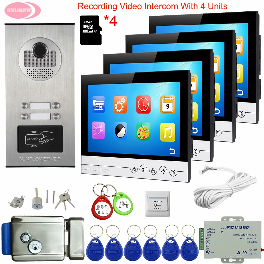 Video Intercom For 4 Apartments 9\ Video Intercom With Recording+ 8GB TF Card Intercoms For Private Houses With Lock Video Phone