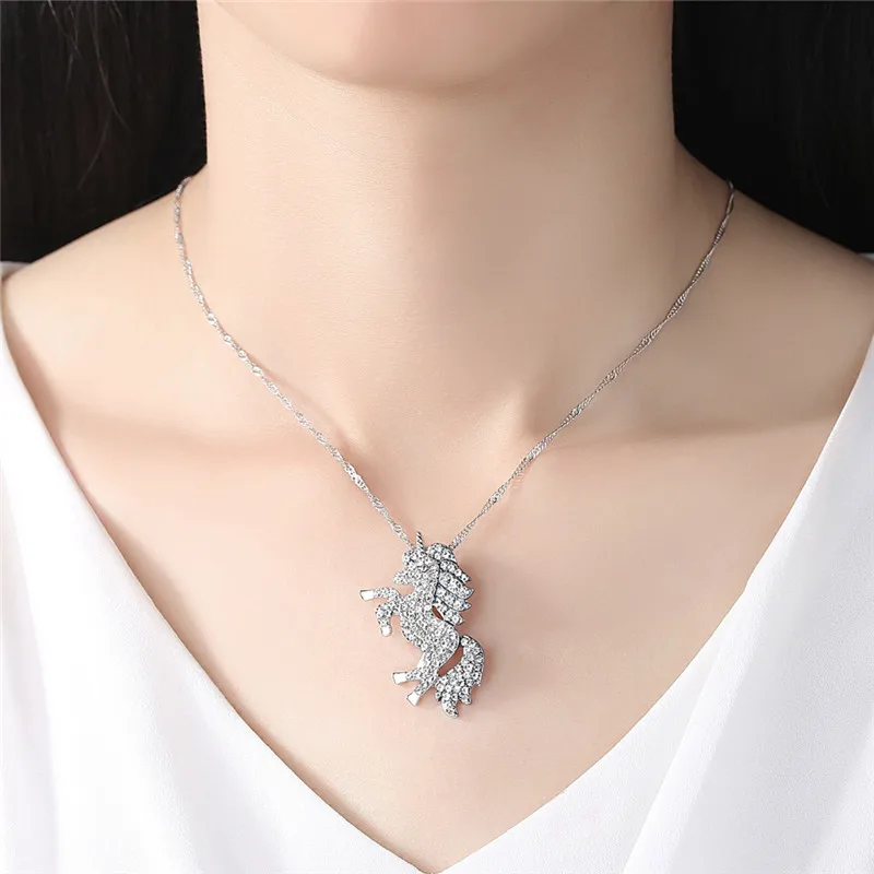 Cute Animal Unicorn Necklace Best Friends Horse Necklace with Crystal Unicorn Pendant for Kids Girls Sweater Necklace for Women