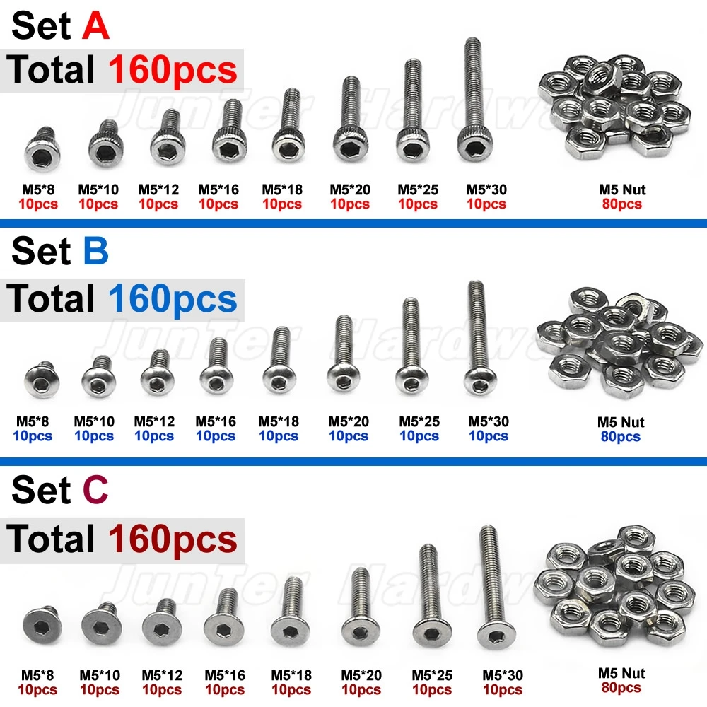 

160pcs M5(5mm) A2 Stainless Steel Allen Bolts Hex Button Flat Socket Head Cap Screws With Nuts Assortment