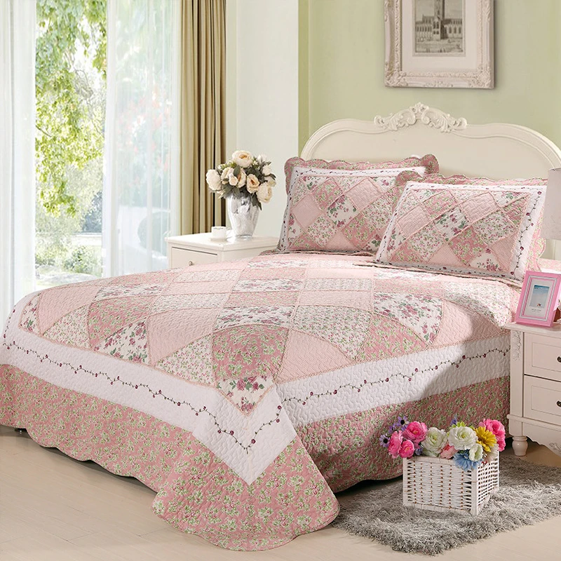 CHAUSUB Pink Quality Patchwork Quilt Set 3pcs Pastoral Cotton Quilts Quilted Bedspread Sheets Pillowcase Coverlet King Size