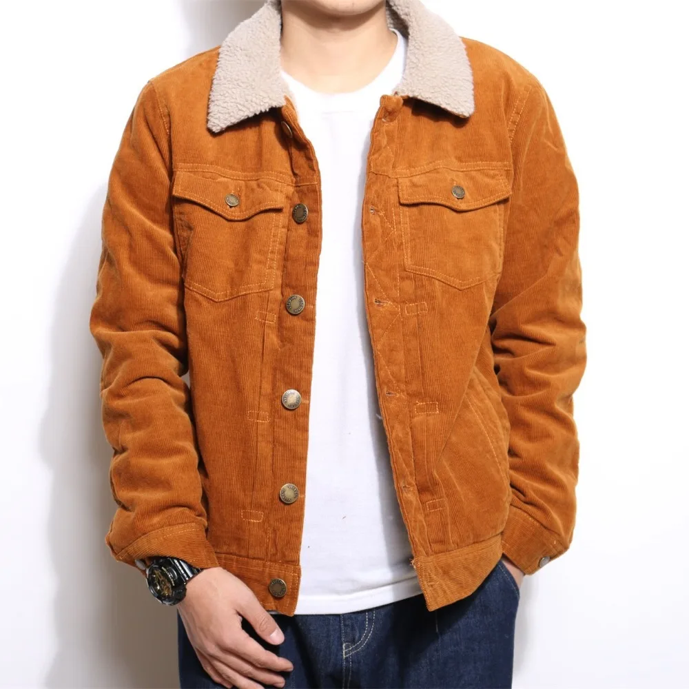 Mens Casual Corduroy Jackets Fashion Solid Jacket For Man Turn Down Collar Multi Pockets Button Down Closure