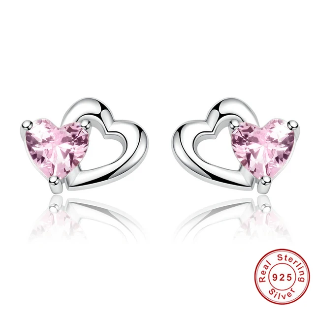 New Arrival 100 925 Sterling Silver Double Heart To Pink Cz New Arrival 100 925 Sterling Silver Double Heart To Pink Cz Stud Earrings For