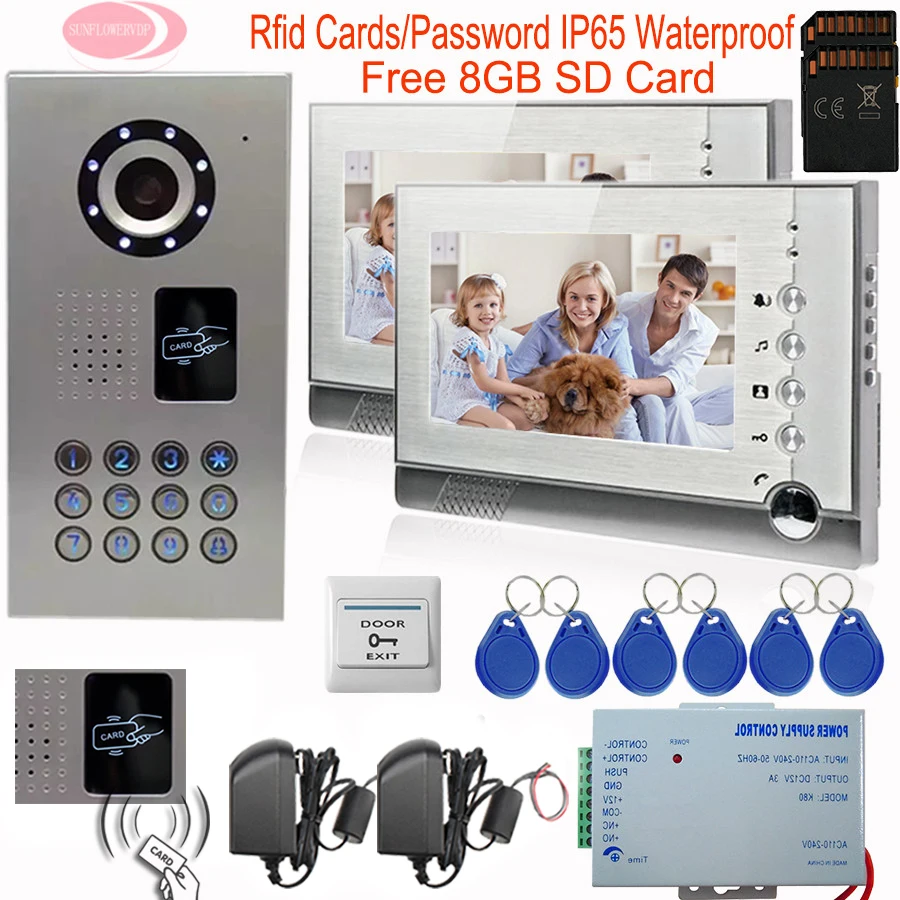 

7inch Video Intercom With Recording Free 8GD SD Card IP65 Waterproof Camera Video Intercom Rfid Cards Home Video Door Phone Kit