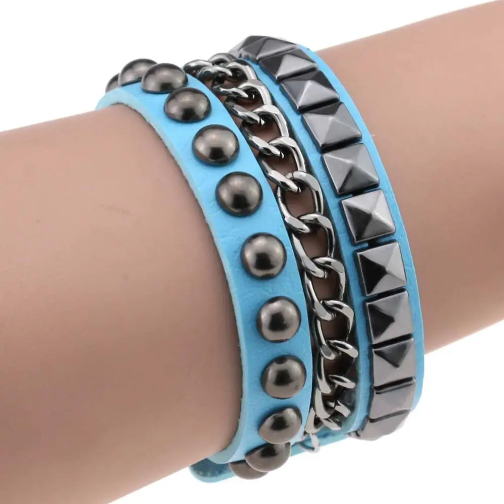 Многослойные рок заклепки-шипы цепи готический панк широкие кожаные манжетные браслеты для женщин очаровательный браслет обёрточная Бумага браслет Pulseiras - Окраска металла: Blue