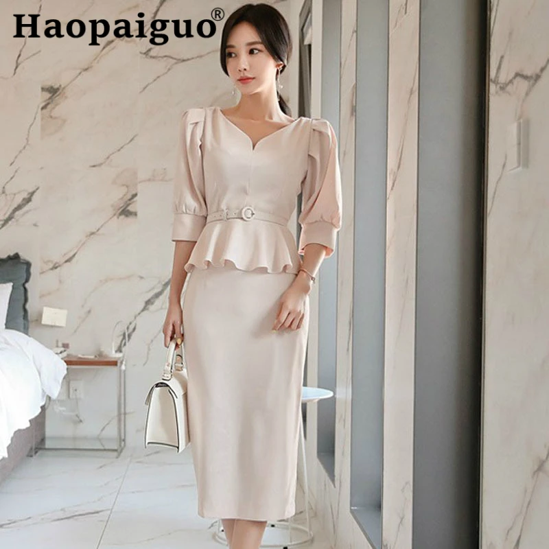 

New Arrival Solid Summer OL Office Work Two Pieces Set Ruffles Blouse and Midi Wrap Dress Women 2 Pieces Set Casual Suits Set