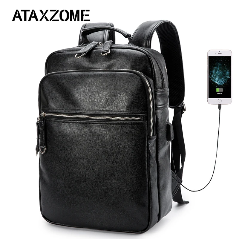 

ATAXZONE New High Quality PU Backpack Men Casual USB Multi-function Laptop Backpack Large Capacity Travel Backpack QW3553