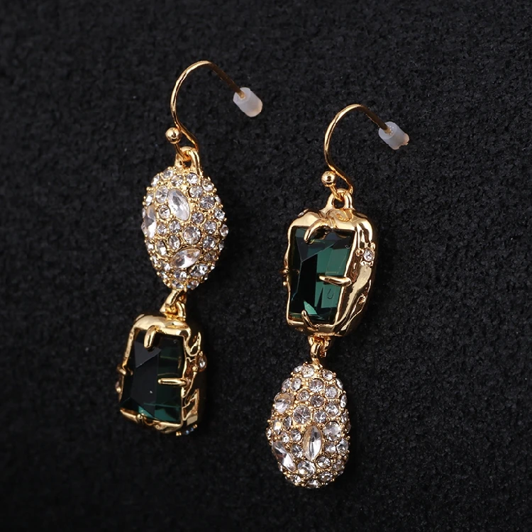 

2019 Trendy CZ stones /Crystal Studded Irregular Green Gem Gold Asymmetrical Copper Alloy long dangle Women Earrings