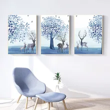 

Blue Elk Landscape Nordic Poster Wall Pictures For Living Room Posters Canvas Painting Picture Tree Scenery Home Decor Unframed
