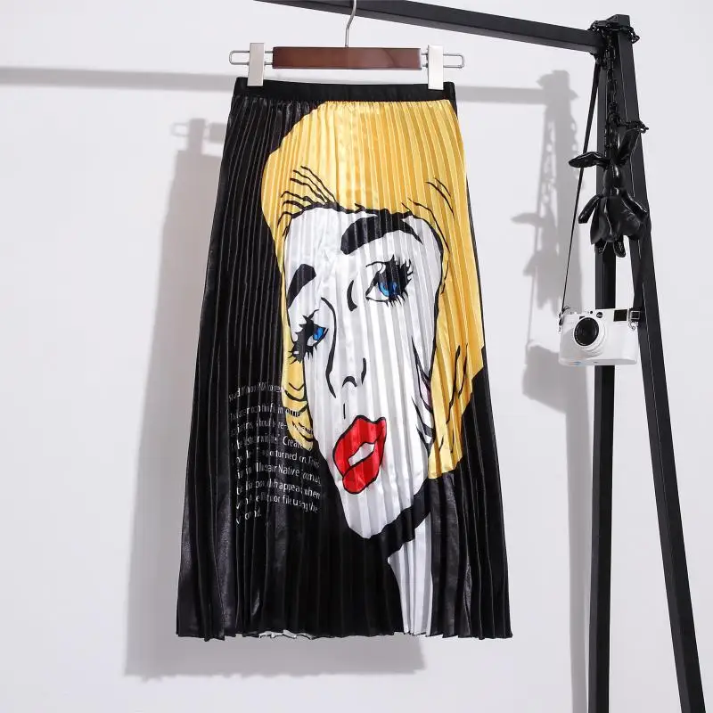 

Harajuku Black Pleated Printing Face Cartoon Patter Midi Skirts Korean Style Women Clothes 2019 High Waist Elastic Waist Skirts