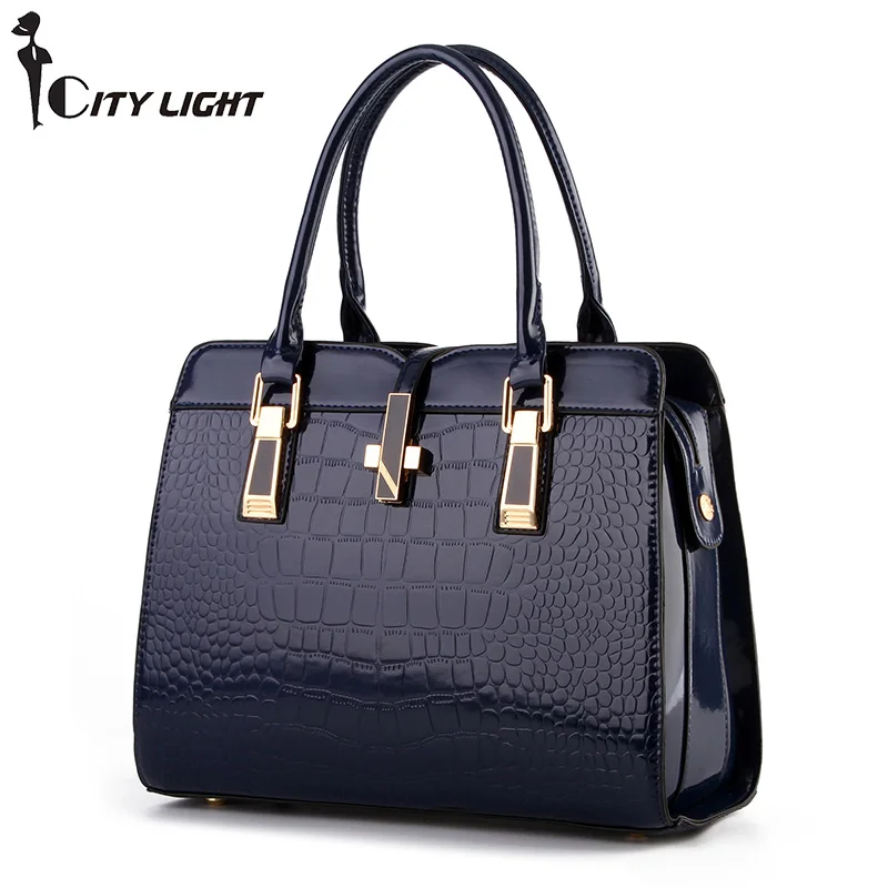 

New Women Bag Alligator Patent PU Leather Women Handbag Big Women's Shoulder Bags Cross Lock Design Lady Tote Handbag