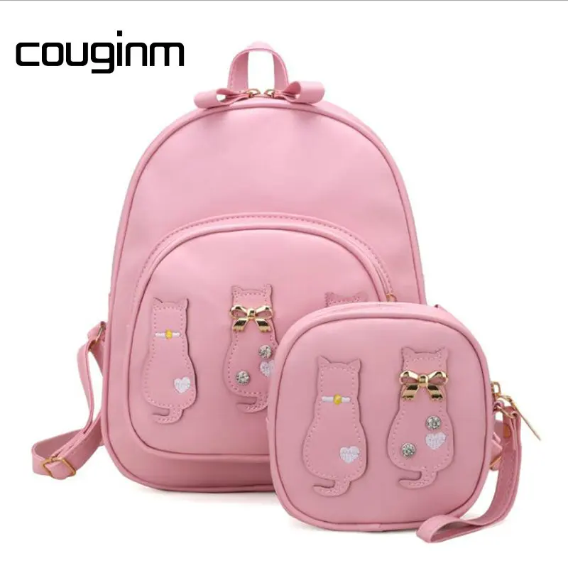 

COUGINM New Design Cartoon Women Backpack PU Leather Backpack For Girls Female School Shoulder Bag Vintage 2 Pcs Set mochila