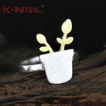 Kinitial 1Pcs 925 Sterling Silver Flower Pot Potted Shape Open Rings For Women Fashion Hypoallergenic Midi Finger Ring Jewelry