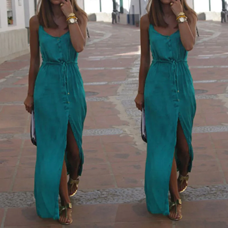 

Spaghetti Strap Split Long BOHO Dress Women Backless Sleeveless Beach Summer Solid Maxi Sundress Casual Evening Party W3
