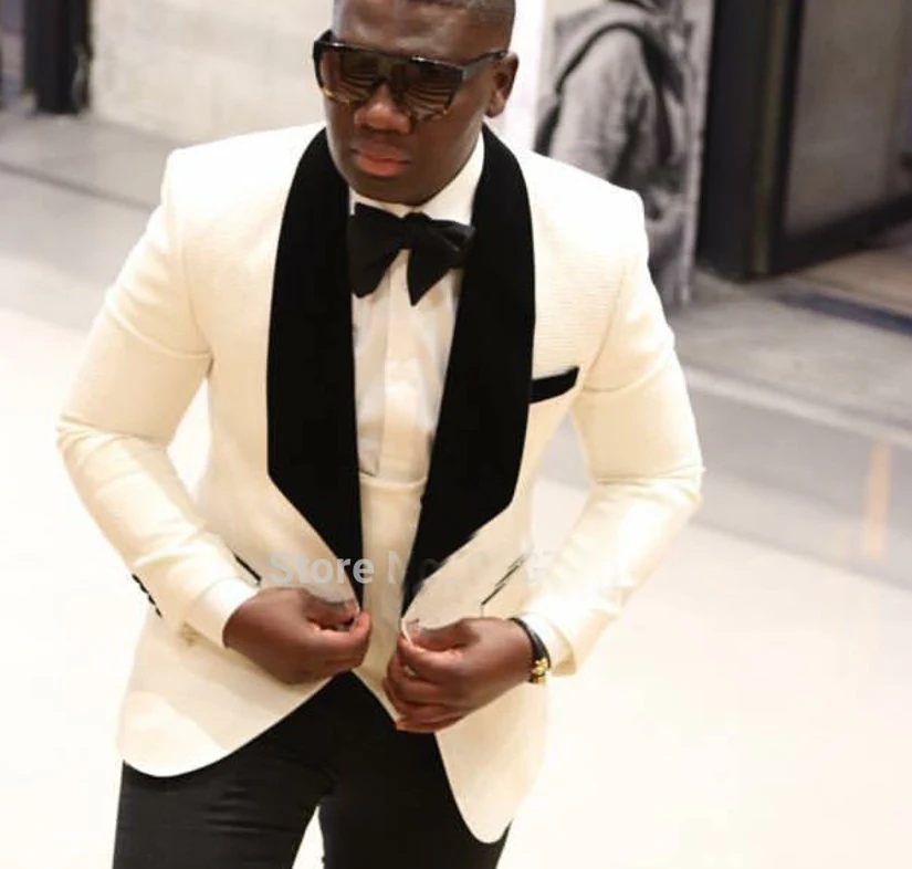 wuzhiyi Men suit 2018 Custom made Ivory with Black suits for man Slim Fit Suits Notch Lapel Business Wedding Groom | Мужская одежда