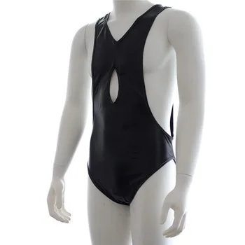Sexy Male Gay Fetish Wet Look Leather Like Wrestling Singlet Leotard Boxers Body Suit with Open Chest Night Club Costume