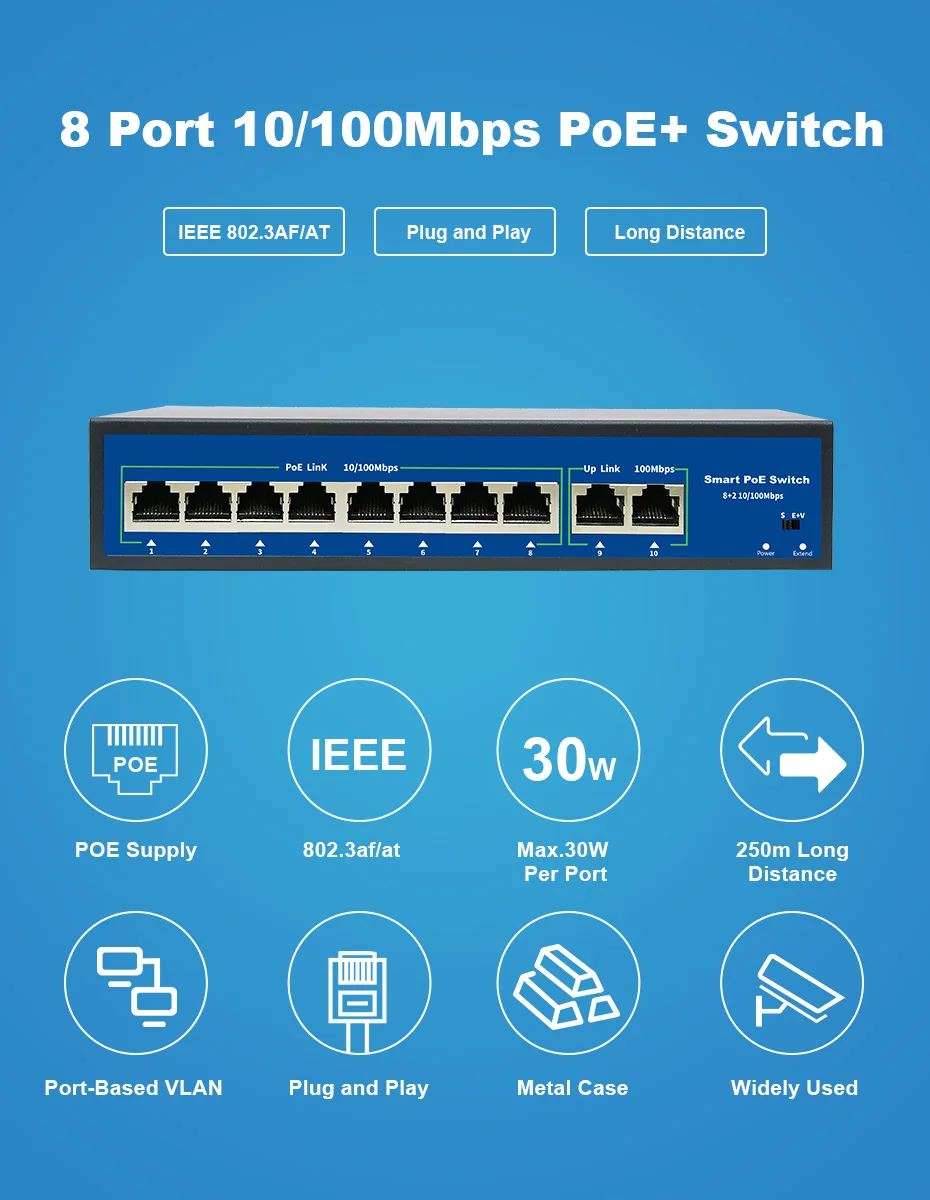 8 Порты и разъёмы коммутатор питания через Ethernet, 2 Порты и разъёмы по восходящей линии, 10/100 Мбит/с, PoE плюс 802.3af/at 120 W, металл, неуправляемый сетевой коммутатор