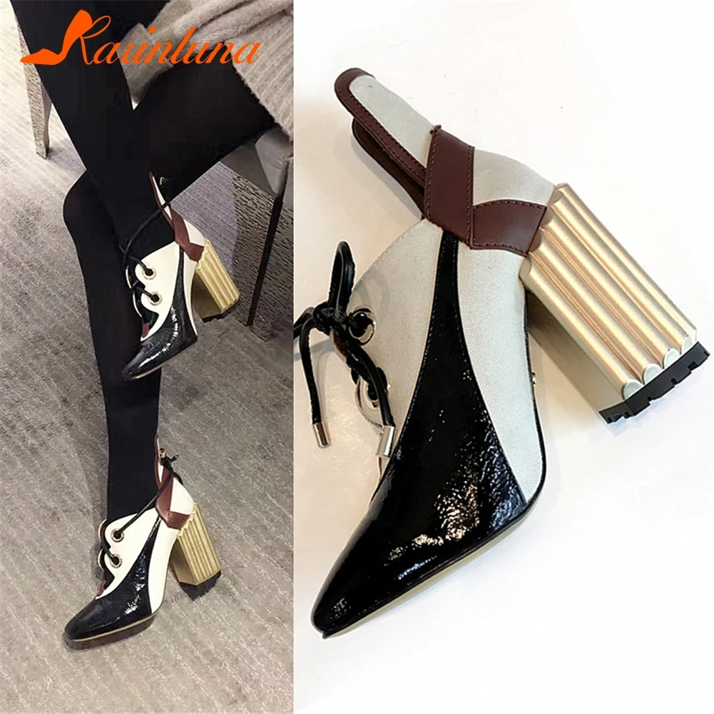 

KARINLUNA Luxury Brand Pumps Women Autumn Genuine Leather Shoes mixed-color Pumps Women High Chunky Heels Shoes Woman