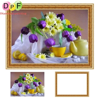 

DPF Framed Diamond Embroidery round Diamond Painting Diamond Cross Stitch Rhinestone home Decor painting Flowers and tableware