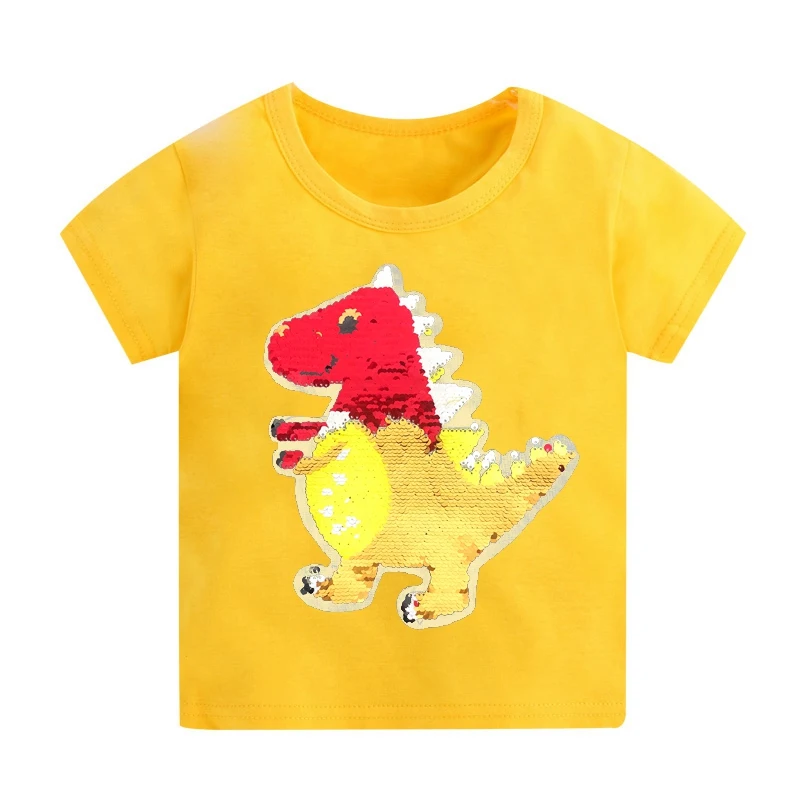 yellow Футболка для маленьких мальчиков хлопковые футболки для мальчиков, Детская верхняя одежда с рисунком динозавра из блесток, детская одежда топы, одежда для мальчиков возрастом от 2 до 12 лет - Цвет: yellow