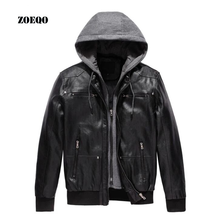 

ZOEQO Motorcycle Leather Jacket MEN PU Leather Jacket HOOD Detachable Jacket Men Biker Jacket jaqueta de couro masculina