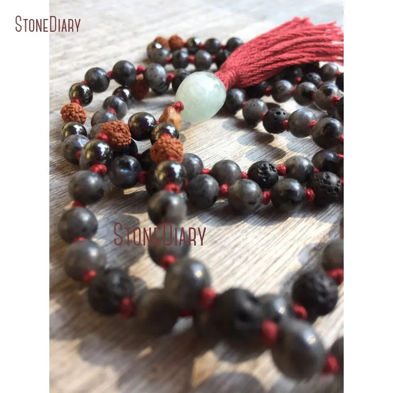 20180312-NM10922-Hand knotted Larvikite, Hematite & Rudraksha 108 Bead Mala lava stone aquamarine guru bead grounding protection meditation yoga mantra_2