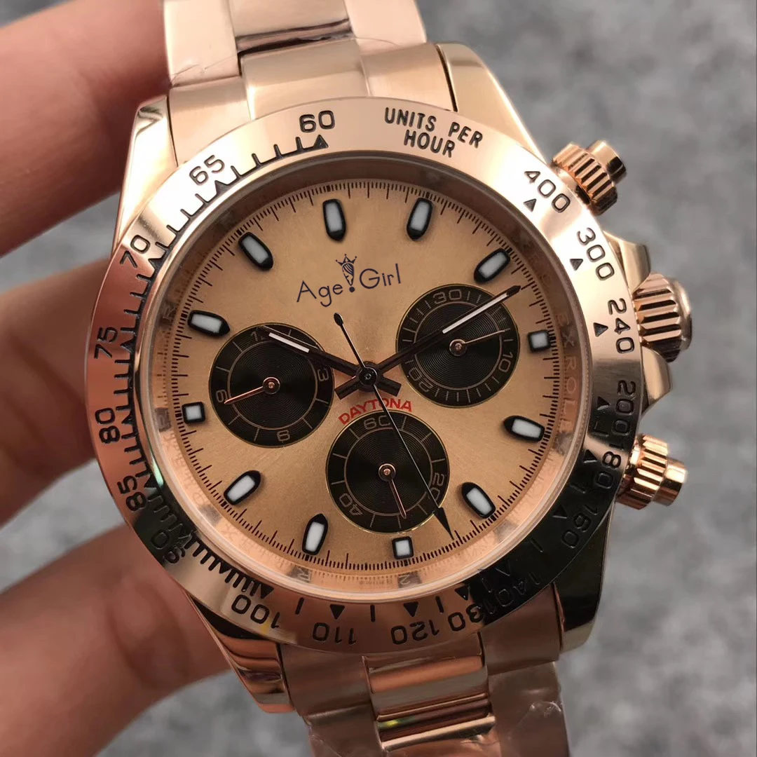 

Luxury Brand New Men Watch Automatic Mechanical Daytona Style Sport Sapphire Rose Gold Limited Stainless Steel Black Leather