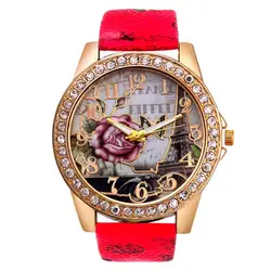 Fashion кварцевые Ретро Роскошные Для женщин с рисунком розы кожаный ремешок аналоговые кварцевые наручные часы Vogue Повседневное дропшиппинг