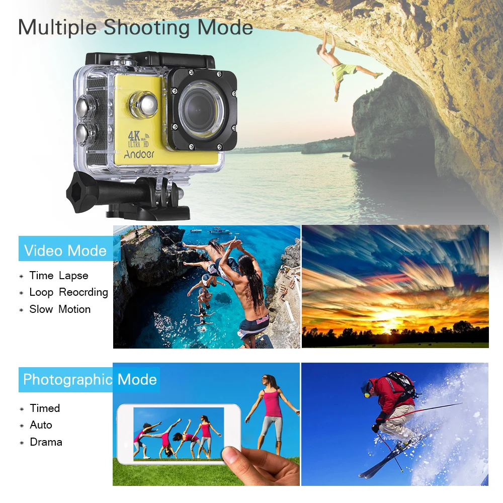 Экшн камера Andoer AN4000 4K 16 Мп Wi Fi 1080P 2 дюймовый ЖК экран широкоугольный объектив