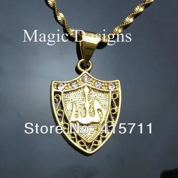 

YH-AN15 5pcs/lot Islam Jeweley 24k Gold Color Shield Allah Pendant Chain Necklace