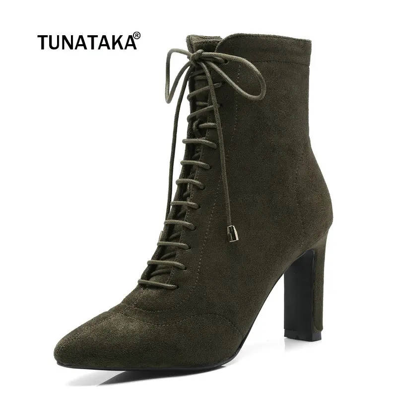 

Women Suede Lace Up Square High Heel Ankle Boots Fashion Zipper Pointed Toe Fall Winter Bootie Black Army Green