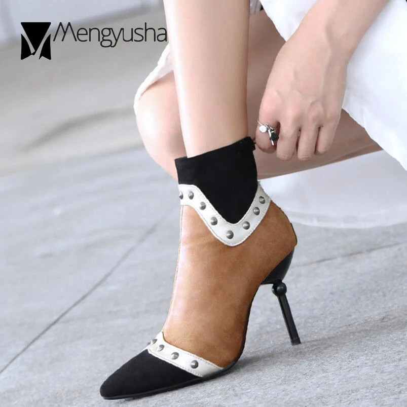 

British style mixed color ankle boots women rivets studded high heels boots suede patchwork ball heels winter botas mujer c725