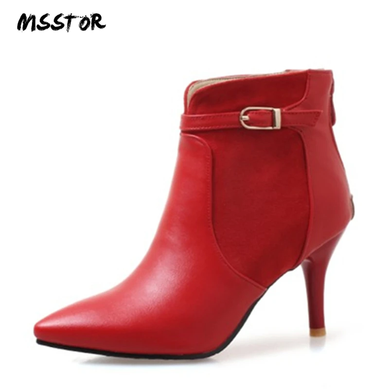 

MSSTOR Winter Boots Women 2018 Buckle Strap Sexy Red Boots Plus Size 46 Fashion Office Short Boots Pointed Toe Ankle Boots Women