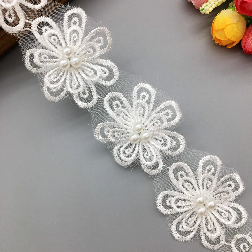 

1yard Vintage 2- Layer Flower Pearl Lace Edge Trim Embroidered Wedding Bridal Dress Applique Trimmings Ribbon Sewing Craft Decor