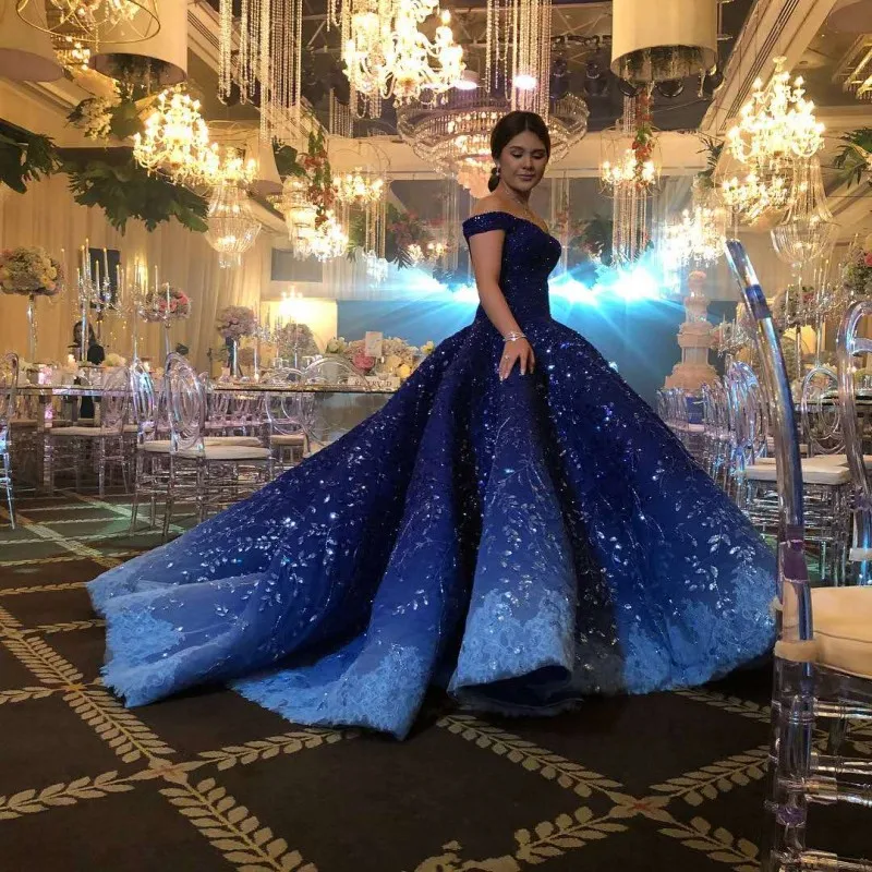 Luxury Royal blue Ball Gown Wedding Dress 2019 Dubai Arab Vestido de Noiva Lace Sequined Beading Cap Sleeve Wedding Dresses