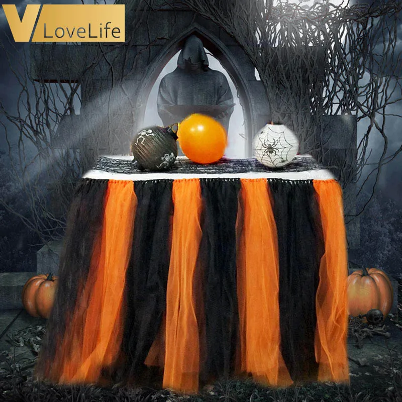Halloween Tulle Tutu Jupe de table Orange et Noir Nappe plinthes pour décorations de fête noir/orange 
