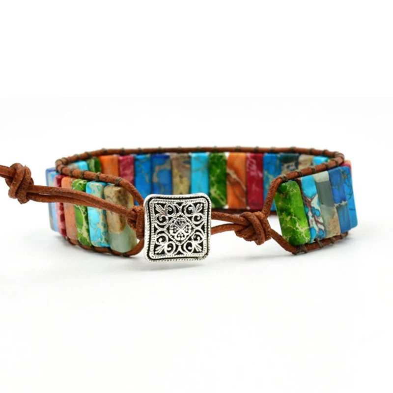 Joyme 7 Чакра браслет ручной работы Многоцветный натуральный камень трубки бусины Винтаж Кожаный браслет для йоги Прямая