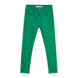 Летние весенние женские зеленые рваные с кисточками длиной до щиколотки с высокой талией стрейч джинсовые брюки, повседневные женские