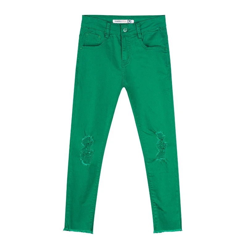 

Summer Spring Women Green Ripped Hole Tassel Ankle Length High Waisted Stretch Denim Trousers , Casual Female Jeans Cross Pants