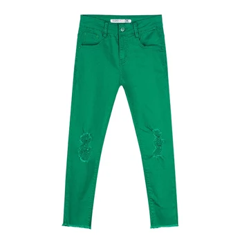 

Summer Spring Women Green Ripped Hole Tassel Ankle Length High Waisted Stretch Denim Trousers , Casual Female Jeans Cross Pants