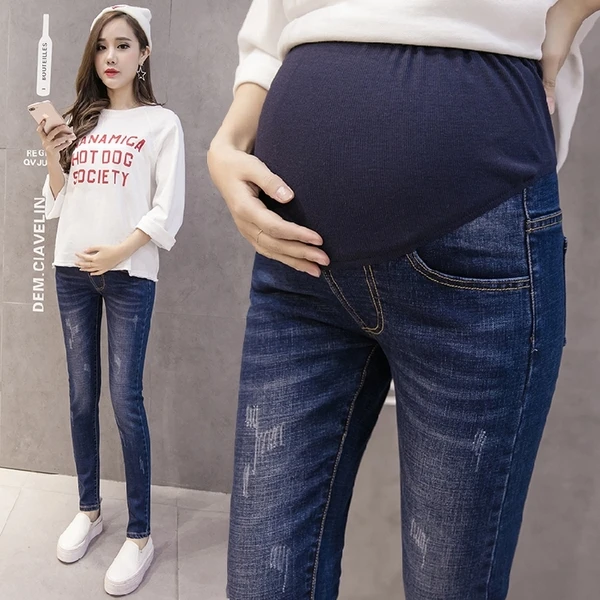 

Pregnant jeans 2018 new fashionable mother outside wearing spring and autumn winter dress and velvet leggings