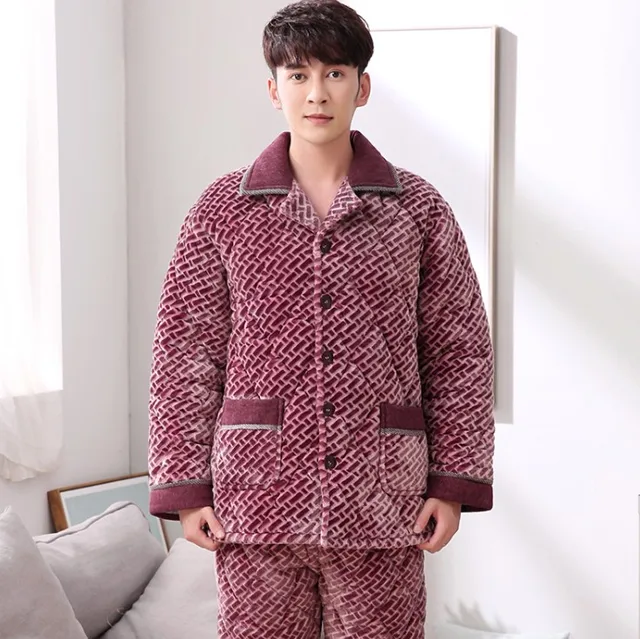 Winter 3 Layers Quilted Pajamas Warm Men Thick Flannel Pajama Sets Luxury Sleepwear Pattern