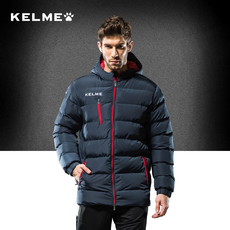KELME Men Soccer Training Jacket Hooded Winter Keep Warm Coat Training