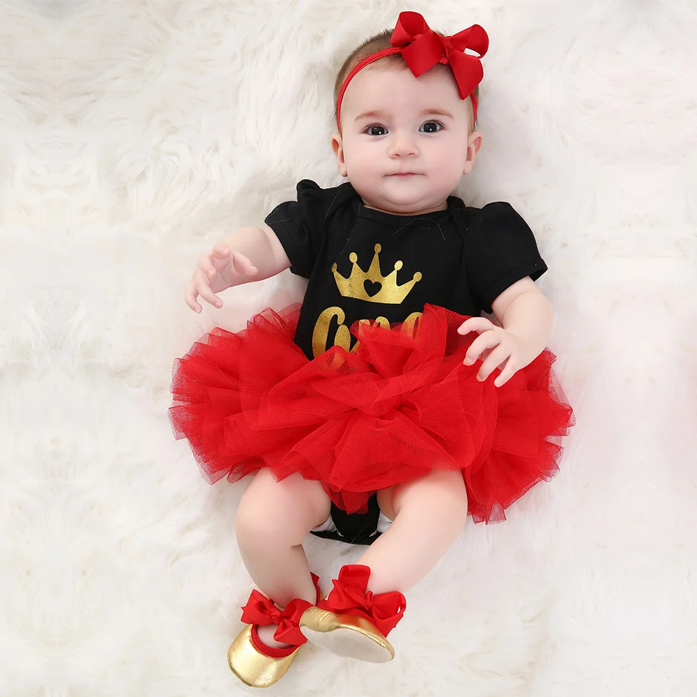 Red tutu skirts Crown Short Sleeve Rompers Baby Clothing Set Infant Girl Clothes Cotton Shoes Headband 4pcs