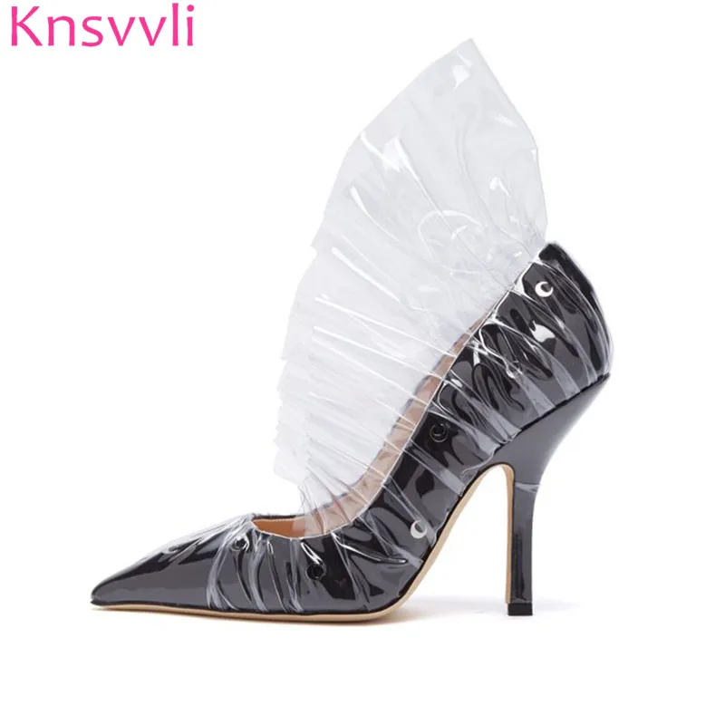 

Black Satin High heels Woman Moon Pattern Sexy Pointed Toe Transparent Flounce Stiletto Runway Party Shoes For Women